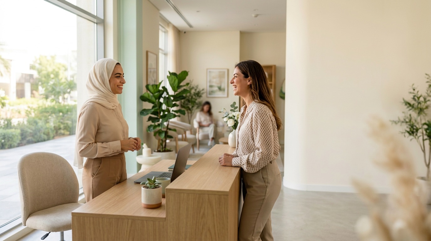 A receptionist chatting warmly with a customer at a bright reception desk.
